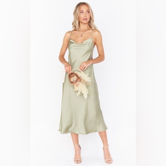 Show Me Your Mumu Verona Cowl Dress in Moss Green Luxe Satin - Picture 4 of 12